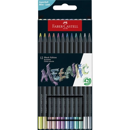 Színes ceruza készlet 12db-os FABER háromszögletű, fekete test, 116415 Black Edition metál színek, magas pigmentáltság