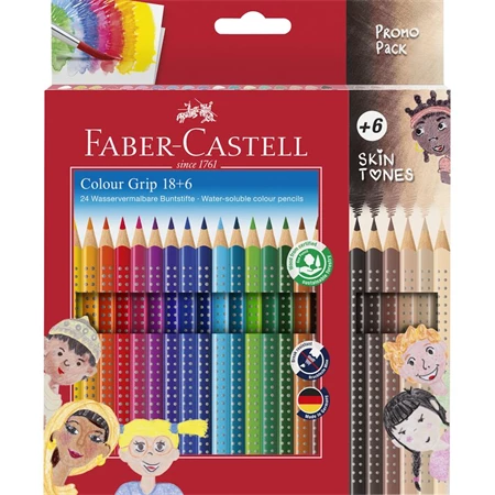 Színes ceruza készlet 18+6db-os FABER Grip test színű, vízben oldódó, ergonomikus háromszög alakú, törésállóság