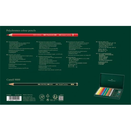 Színes ceruza készlet 20db-os Faber-Castell Polychromos fa dobozban, +4 db 9000 grafitceruza, radír, hegyező