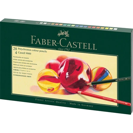 Színes ceruza készlet 20db-os Faber-Castell Polychromos fa dobozban, +4 db 9000 grafitceruza, radír, hegyező