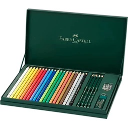 Színes ceruza készlet 20db-os Faber-Castell Polychromos fa dobozban, +4 db 9000 grafitceruza, radír, hegyező