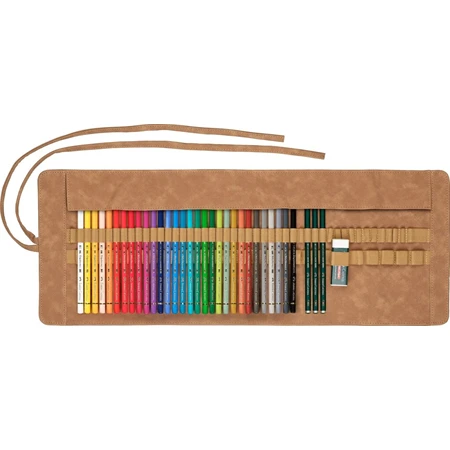 Színes ceruza készlet 30db-os Faber-Castell Polychromos 30 db + 3 db 9000 grafitceruza + radír, tekercses bőr tolltartó