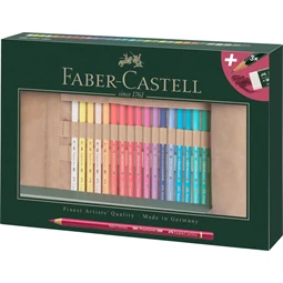 Színes ceruza készlet 30db-os Faber-Castell Polychromos 30 db + 3 db 9000 grafitceruza + radír, tekercses bőr tolltartó
