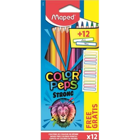 Színes ceruza készlet 12db-os MAPED Color`Peps Strong háromszögletű + 12 ajándék matrica