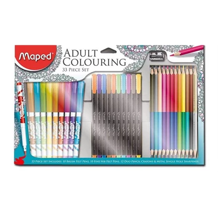 Színező készlet MAPED 33 darabos, 10db filctoll, 10db tűfilc, 12db DUO kétvégű színes ceruza + hegyező