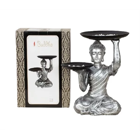Szobor Buddha ülő 39cm, 2 tállal a kezében, ezüst színben