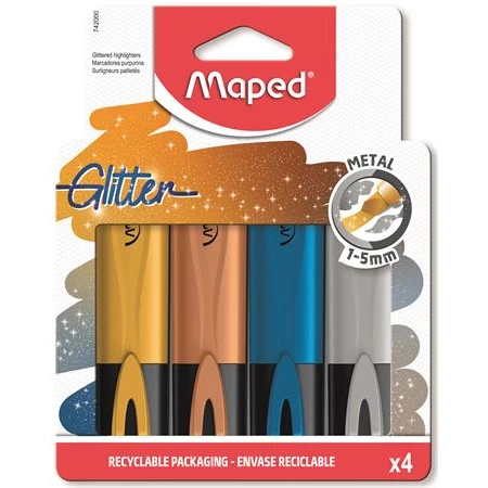 Szövegkiemelő készlet 4db-os MAPED Glitter Fluo Peps 1-5 mm, metálfényű színek