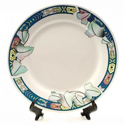 Szublimálható tányér, 18cm-es, állvánnyal, kék szélű  levél mintával