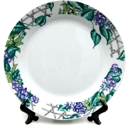 Szublimálható tányér, 18cm-es, állvánnyal, kék virág zöld levéllel