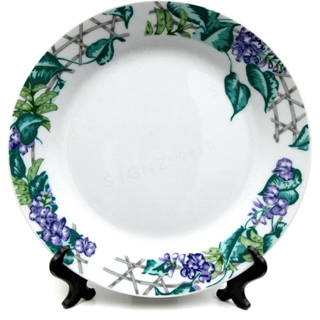 Szublimálható tányér, 18cm-es, állvánnyal, kék virág zöld levéllel