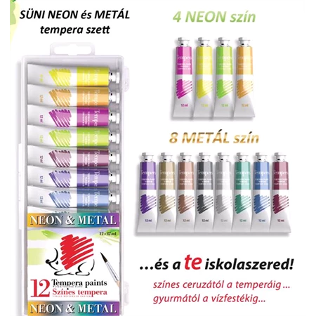 Tempera 12db-os ICO Süni 12x12ml, tubusos 8 metál + 4 neon