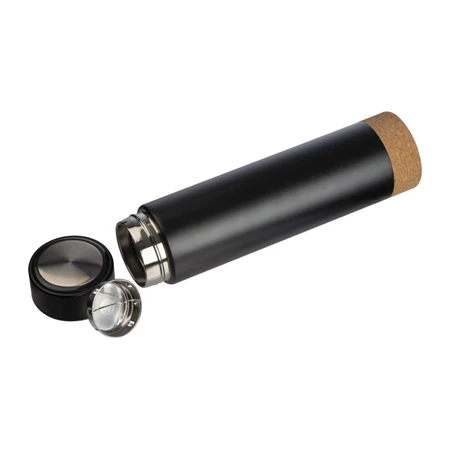 Termosz 450 ml duplafalú, ozsdamentes acél, szivárgásmentes, parafa aljjal, teaszűrővel,  6,5  x 24,9 cm