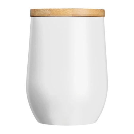 Termosz bögre 300ml rozsdamentes acél, fogantyúval, bambusz fedéllel, fehér 8x12,2 cm