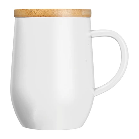Termosz bögre 300ml rozsdamentes acél, fogantyúval, bambusz fedéllel, fehér 8x12,2 cm