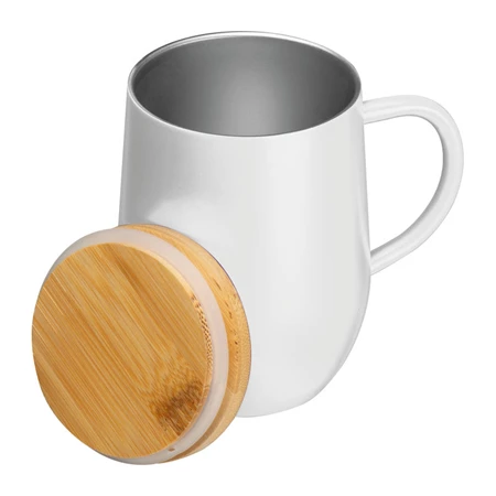 Termosz bögre 300ml rozsdamentes acél, fogantyúval, bambusz fedéllel, fehér 8x12,2 cm