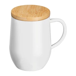 Termosz bögre 300ml rozsdamentes acél, fogantyúval, bambusz fedéllel, fehér 8x12,2 cm