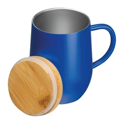Termosz bögre 300ml rozsdamentes acél, fogantyúval, bambusz fedéllel, kék, 8x12,2 cm