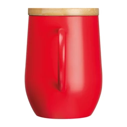 Termosz bögre 300ml rozsdamentes acél, fogantyúval, bambusz fedéllel, piros, 8x12,2 cm