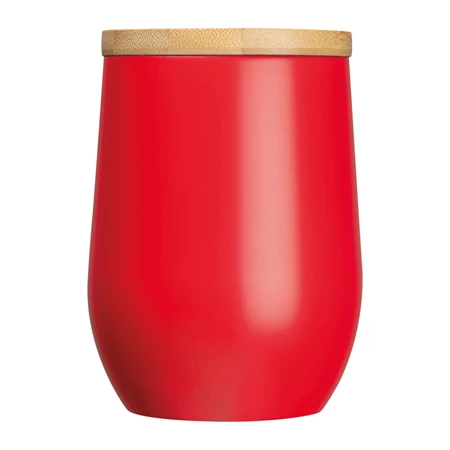 Termosz bögre 300ml rozsdamentes acél, fogantyúval, bambusz fedéllel, piros, 8x12,2 cm