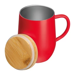 Termosz bögre 300ml rozsdamentes acél, fogantyúval, bambusz fedéllel, piros, 8x12,2 cm