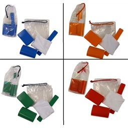 Tisztasági csomag SÜNI 4 féle színben, műanyag pohár, szappantartó, fogkefetartó, törölköző zsinóros tasakban