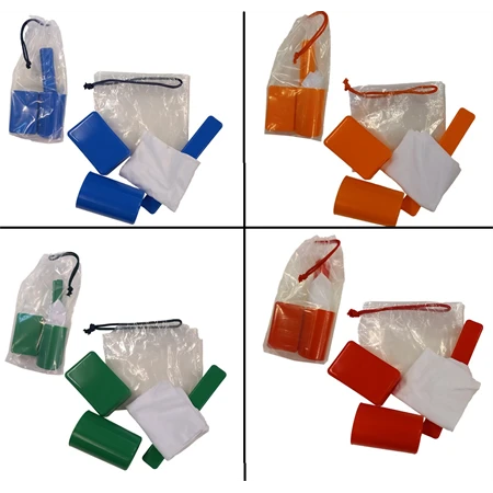 Tisztasági csomag SÜNI 4 féle színben, műanyag pohár, szappantartó, fogkefetartó, törölköző zsinóros tasakban