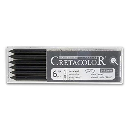 Töltőceruza betét, Cretacolor, szén, 6db/cs, 5,6 mm, nero, soft