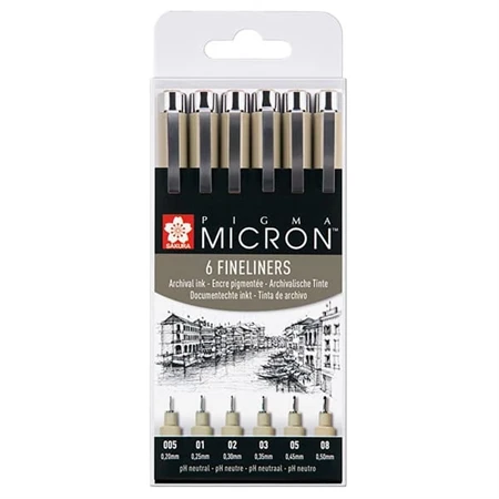 Tűfilc készlet SAKURA MICRON 6db-os 0,2mm 0,25mm 0,3mm 0,35mm 0,45mm 0,5mm