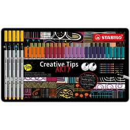 Tűfilc készlet STABILO Creative Tips ARTY 10 különböző szín, 5 különböző vastagság, összesen 50db fém dobozban