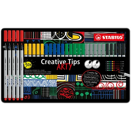 Tűfilc készlet STABILO Creative Tips ARTY 6 különböző szín, 5 különböző vastagság, összesen 30db fém dobozban