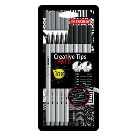 Tűfilc készlet STABILO Creative Tips ARTY 2 különböző szín, fekete, szürke, 5 különböző vastagság, összesen 10db filc