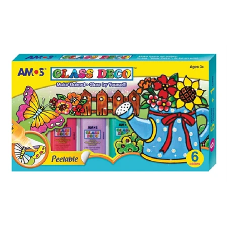 Üvegmatrica festék készlet AMOS 5x22 ml üvegfóliafesték, 1x22 ml kontúr, 2 fólia, 12 minta, 2 db csőrszűkítő.