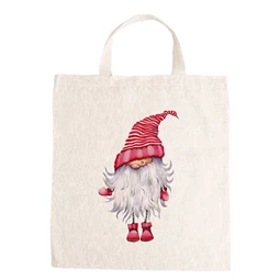 Vászontáska grafikai 27x31x0,3cm natúr, rövidfülű, Manó szakálas, piros-fehér csíkos sapkában