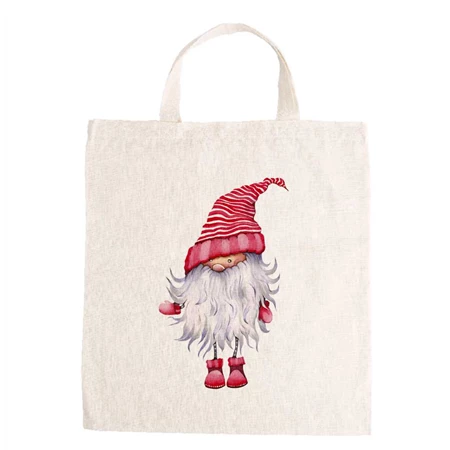 Vászontáska grafikai 27x31x0,3cm natúr, rövidfülű, Manó szakálas, piros-fehér csíkos sapkában