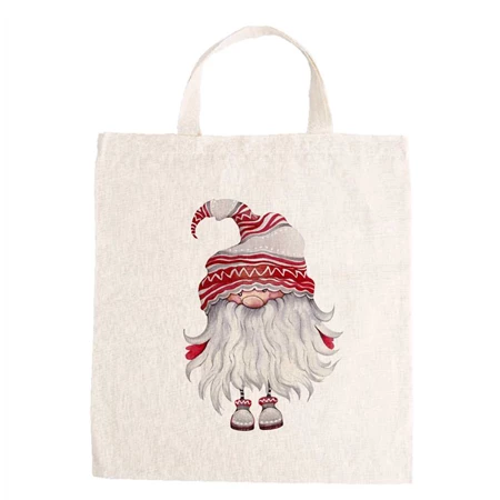 Vászontáska grafikai 27x31x0,3cm natúr, rövidfülű, Manó szakálas, piros-fehér sapkában