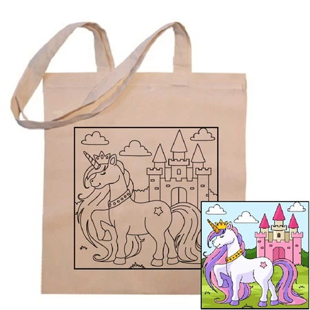 Vászontáska színezhető 38x42x0,3cm hosszúfüllel, Unicornis palotával