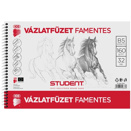 Vázlatfüzet B/5 famentes ICO STUDENT 32lap spirálos 160gr lapok