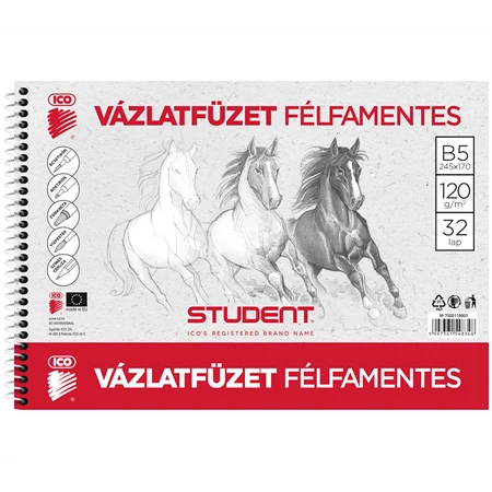 Vázlatfüzet B/5 félfamentes ICO 32lap spirálos, 120 gr papír