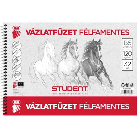 Vázlatfüzet B/5 félfamentes ICO STUDENT 32lap spirálos 120gr lapok