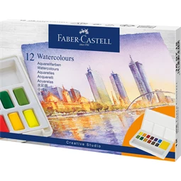 Vízfesték készlet 12db-os Faber-Castell 169712 Akvarell festékkészlet, tál, keverőpalettával, víztartályos ecsettel
