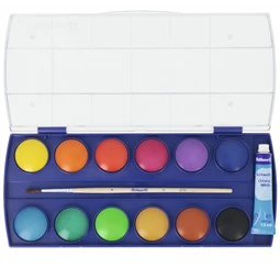 Vízfesték készlet 12db-os PELIKAN + ecset, 30mm-es festékgombok, élénk színek, erős fedőképesség