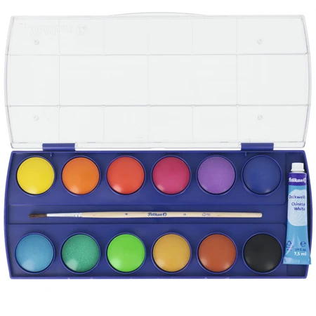 Vízfesték készlet 12db-os PELIKAN + ecset, 30mm-es festékgombok, élénk színek, erős fedőképesség