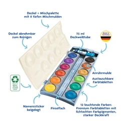 Vízfesték készlet 12db-os PELIKAN K12 Eco prémium iskolai vízfesték + 7,5 ml-es fedőfehér, 30mm-es festékgombok