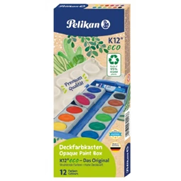 Vízfesték készlet 12db-os PELIKAN K12 Eco prémium iskolai vízfesték + 7,5 ml-es fedőfehér, 30mm-es festékgombok