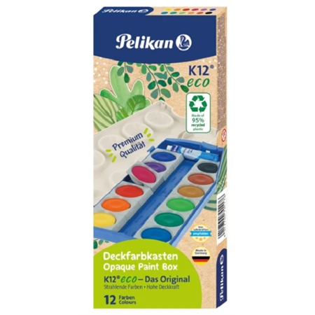 Vízfesték készlet 12db-os PELIKAN K12 Eco prémium iskolai vízfesték + 7,5 ml-es fedőfehér, 30mm-es festékgombok