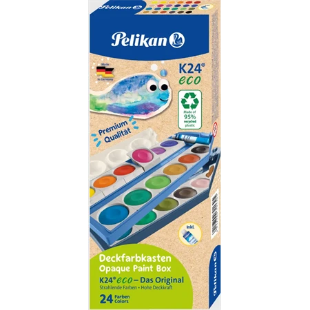 Vízfesték készlet 24db-os PELIKAN K24 Eco prémium iskolai vízfesték + 7,5 ml-es fedőfehér, 30mm-es festékgombok