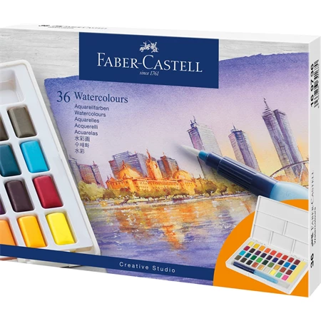 Vízfesték készlet 36db-os Faber-Castell 169736 Akvarell festékkészlet, tál, keverőpalettával, víztartályos ecsettel
