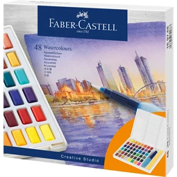 Vízfesték készlet 48db-os Faber-Castell 169748 Akvarell festékkészlet, tál, keverőpalettával, víztartályos ecsettel