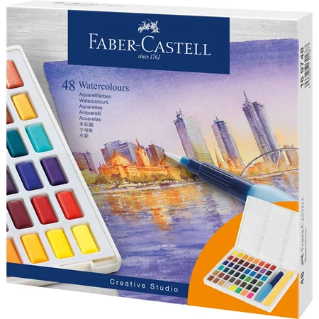 Vízfesték készlet 48db-os Faber-Castell 169748 Akvarell festékkészlet, tál, keverőpalettával, víztartályos ecsettel