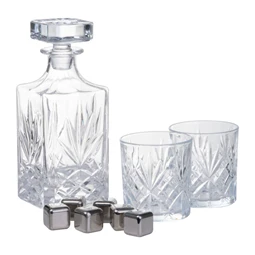 Whiskey szett kupakos üveg 800ml + 2db boroszilikát 250ml pohárral, 6db gránit jégkockával + csipesz, bambusz dobozban